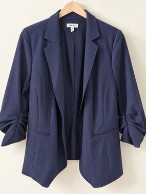 Nine West Dark Navy Open-Front Ruched-Sleeve Blazer